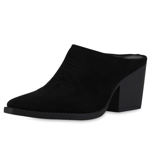 VAN HILL Damen Cowboy Boots Trichterabsatz Stickereien Trendy Schuhe 216628 Schwarz 39 von VAN HILL