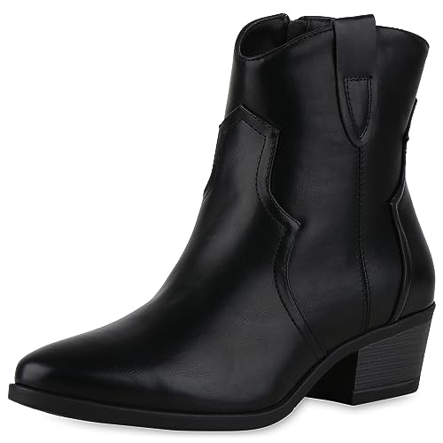 VAN HILL Damen Cowboy Boots Trichterabsatz Stickereien Trendy Schuhe 840529 213063 Schwarz 38 von VAN HILL