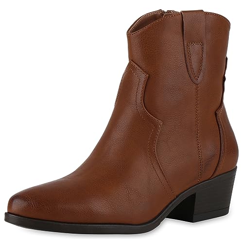 VAN HILL Damen Cowboy Boots Trichterabsatz Stickereien Trendy Schuhe 840529 213064 Hellbraun 38 von VAN HILL