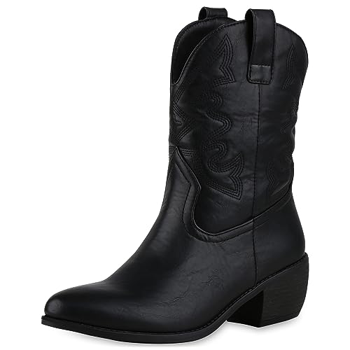 VAN HILL Damen Cowboy Boots Trichterabsatz Stickereien Trendy Schuhe 840534 213075 Schwarz 38 von VAN HILL