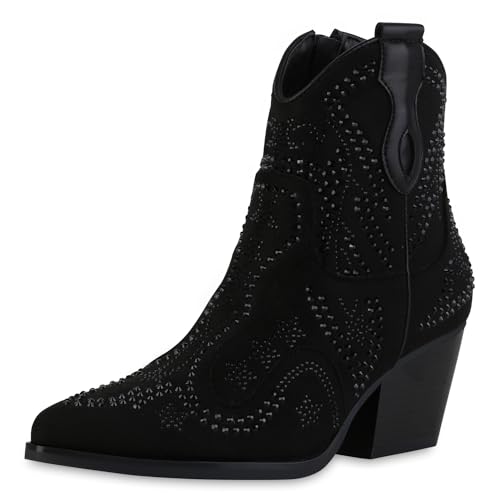 VAN HILL Damen Cowboy Boots Trichterabsatz Strass Trendy Schuhe 214257 Schwarz 36 von VAN HILL