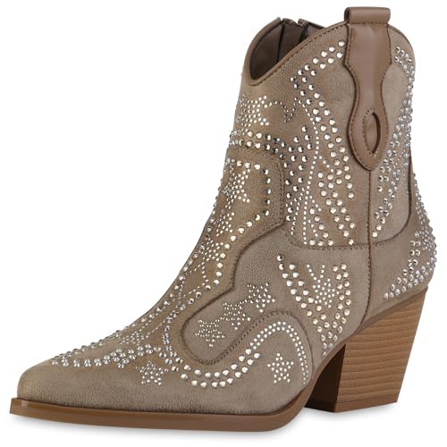 VAN HILL Damen Cowboy Boots Trichterabsatz Strass Trendy Schuhe 214258 Khaki 39 von VAN HILL