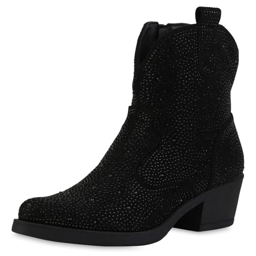 VAN HILL Damen Cowboy Boots Trichterabsatz Strass Trendy Schuhe 214273 Schwarz 37 von VAN HILL