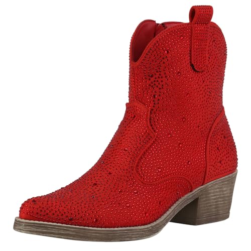 VAN HILL Damen Cowboy Boots Trichterabsatz Strass Trendy Schuhe 214274 Rot 38 von VAN HILL