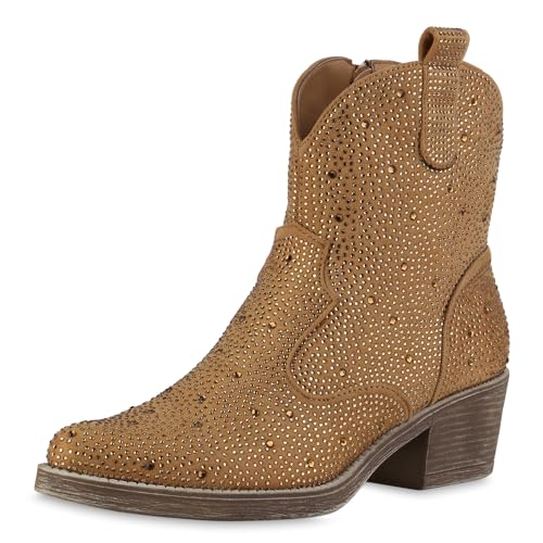 VAN HILL Damen Cowboy Boots Trichterabsatz Strass Trendy Schuhe 214278 Hellbraun 38 von VAN HILL