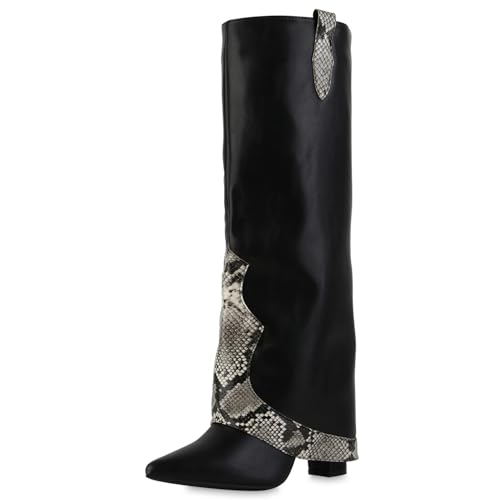 VAN HILL Damen Cowboystiefel Blockabsatz Prints Trendy Schuhe 217686 Schwarz Snake 39 von VAN HILL