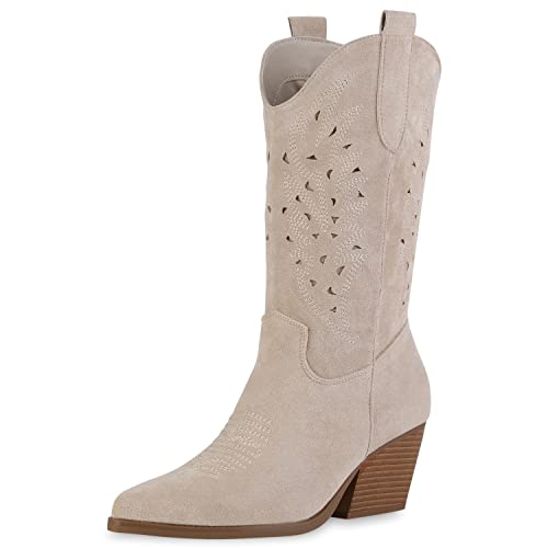 VAN HILL Damen Cowboystiefel Stiefel Cut-Outs Schuhe Spitze Stickereien Western Boots Holzoptikabsatz Freizeitstiefel 210821 Beige Velours 41 von VAN HILL