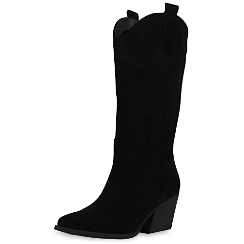 VAN HILL Damen Cowboystiefel Stiefel Spitze Cut-Outs Schuhe Holzoptikabsatz Western Boots Stickereien Freizeitstiefel 211566 Schwarz 36 von VAN HILL