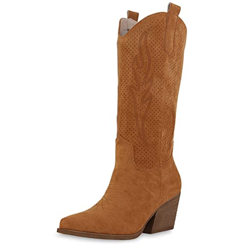 VAN HILL Damen Cowboystiefel Stiefel Spitze Cut-Outs Schuhe Holzoptikabsatz Western Boots Stickereien Freizeitstiefel 211567 Hellbraun 37 von VAN HILL