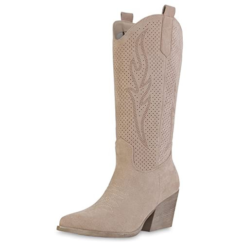 VAN HILL Damen Cowboystiefel Stiefel Spitze Cut-Outs Schuhe Holzoptikabsatz Western Boots Stickereien Freizeitstiefel 211569 Beige 37 von VAN HILL