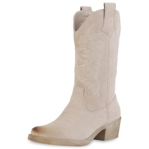 VAN HILL Damen Cowboystiefel Stiefel Spitze Stickereien Schuhe Holzoptikabsatz Western Boots Veloursleder-Optik Freizeitschuhe 212233 Beige Velours 36 von VAN HILL