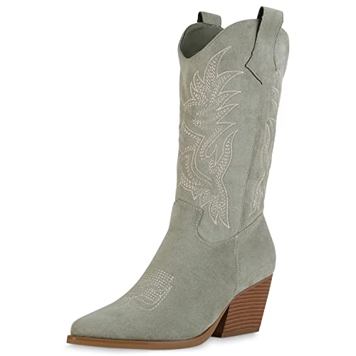 VAN HILL Damen Cowboystiefel Stiefel Spitze Western Schuhe Holzoptikabsatz Freizeitstiefel Stickereien Boots Westernstiefel 211257 Hellgrün Velours 36 von VAN HILL