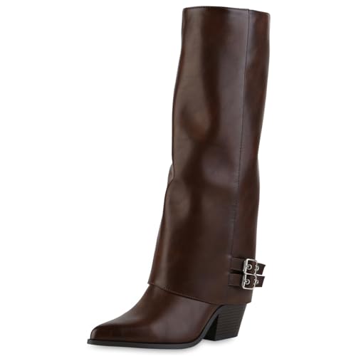 VAN HILL Damen Cowboystiefel Trichterabsatz Schnallen Trendy Schuhe 217538 Braun 37 von VAN HILL