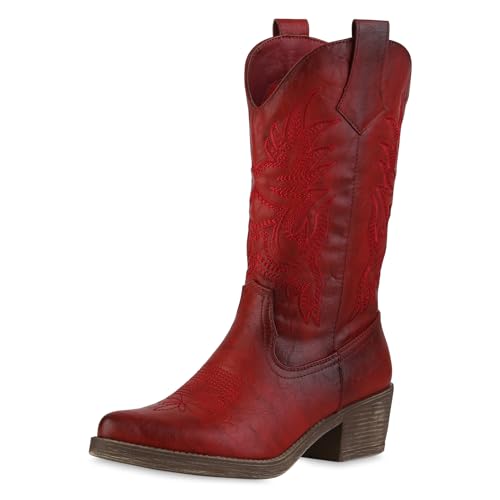 VAN HILL Damen Cowboystiefel Trichterabsatz Stickereien Trendy Schuhe 214271 Rot 37 von VAN HILL