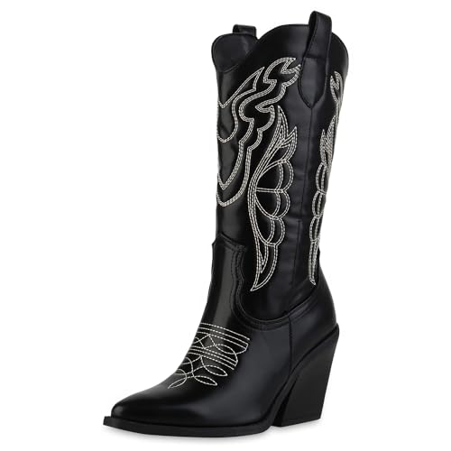 VAN HILL Damen Cowboystiefel Trichterabsatz Stickereien Trendy Schuhe 214291 Schwarz 36 von VAN HILL