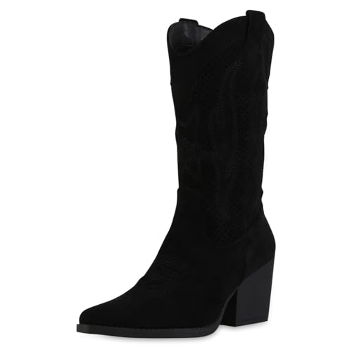 VAN HILL Damen Cowboystiefel Trichterabsatz Stickereien Trendy Schuhe 216634 Schwarz 39 von VAN HILL