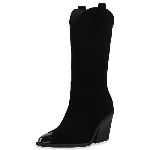 VAN HILL Damen Cowboystiefel Trichterabsatz Stickereien Trendy Schuhe 840584 213251 Schwarz Velours 38 von VAN HILL