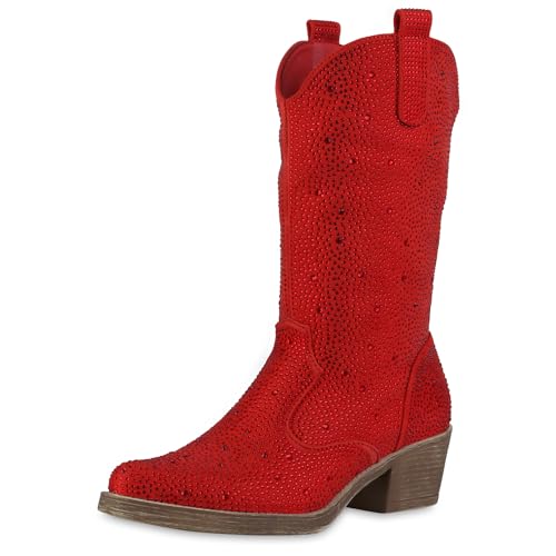 VAN HILL Damen Cowboystiefel Trichterabsatz Strass Trendy Schuhe 214283 Rot 38 von VAN HILL