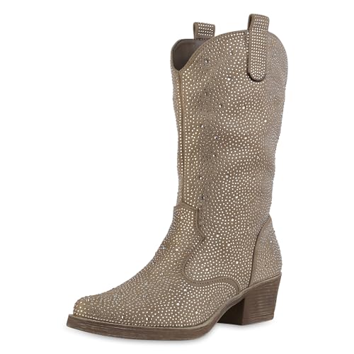 VAN HILL Damen Cowboystiefel Trichterabsatz Strass Trendy Schuhe 214284 Khaki 39 von VAN HILL