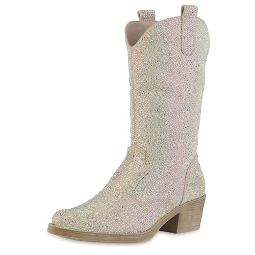 VAN HILL Damen Cowboystiefel Trichterabsatz Strass Trendy Schuhe 214285 Beige 36 von VAN HILL