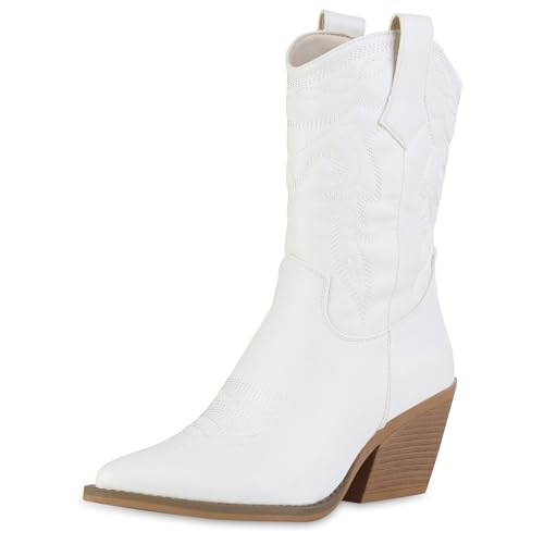 VAN HILL Damen Cowboystiefel Trichterabsatz Zierperlen Trendy Schuhe 215138 Weiss 38 von VAN HILL