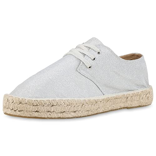 VAN HILL Damen Espadrilles Bast Halbschuhe Plateau Glitzer Schuhe 122296 Silber 36 von VAN HILL