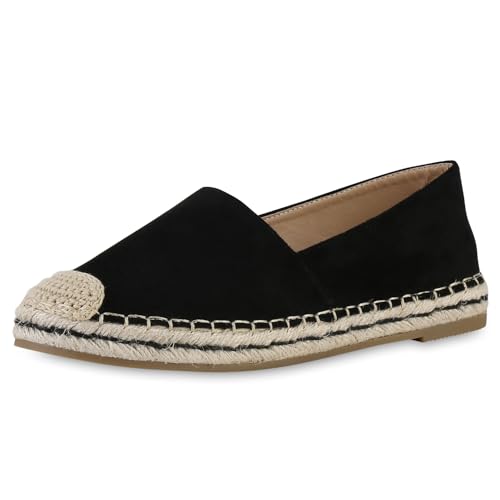 VAN HILL Damen Espadrilles Flach Bast Bequem Schuhe 215161 Schwarz 38 von VAN HILL