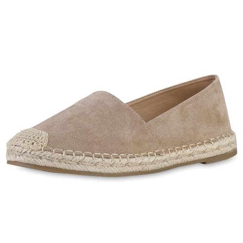 VAN HILL Damen Espadrilles Flach Bast Bequem Schuhe 215162 Khaki 37 von VAN HILL