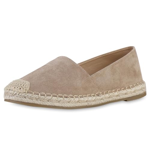 VAN HILL Damen Espadrilles Flach Bast Bequem Schuhe 215162 Khaki 39 von VAN HILL