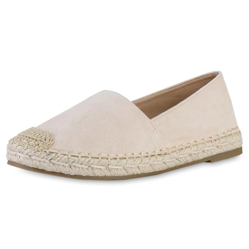 VAN HILL Damen Espadrilles Flach Bast Bequem Schuhe 215163 Beige 37 von VAN HILL