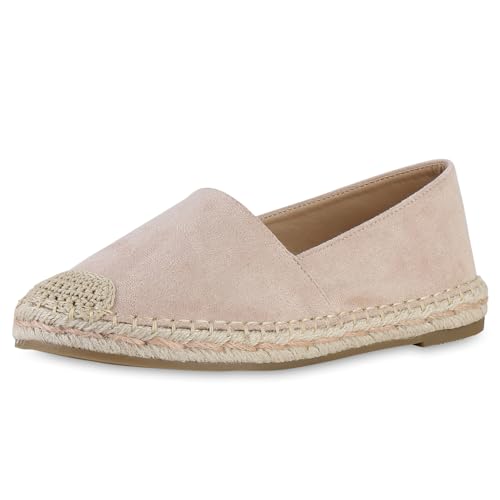 VAN HILL Damen Espadrilles Flach Bast Bequem Schuhe 215165 Rosa 39 von VAN HILL