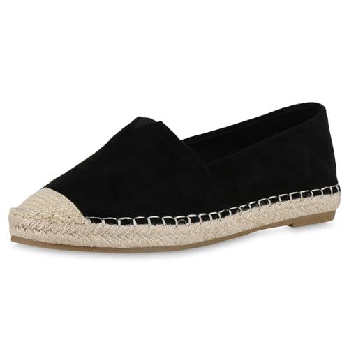 VAN HILL Damen Espadrilles Flach Bast Bequem Schuhe 215394 Schwarz 40 von VAN HILL