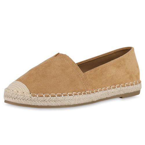 VAN HILL Damen Espadrilles Flach Bast Bequem Schuhe 215398 Hellbraun 38 von VAN HILL