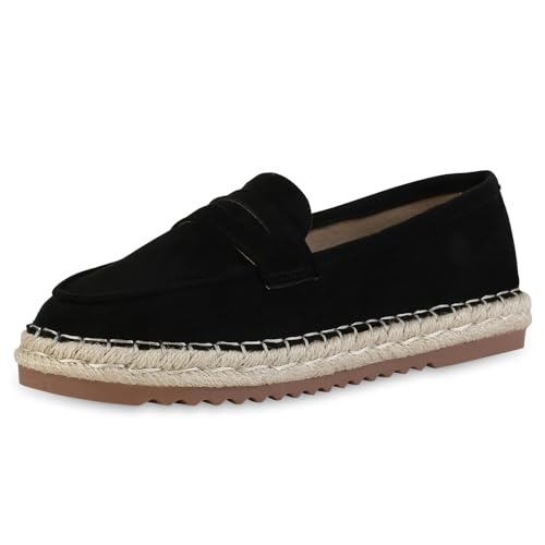 VAN HILL Damen Espadrilles Flach Bast Trendy Schuhe 215196 Schwarz 38 von VAN HILL