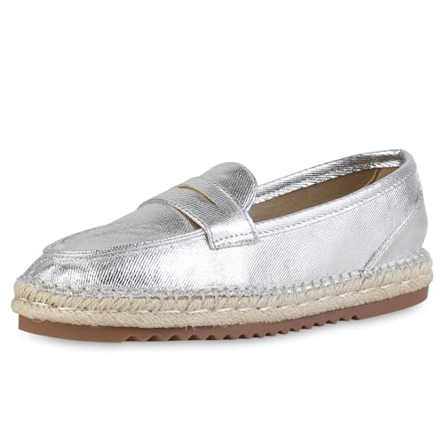 VAN HILL Damen Espadrilles Flach Bast Trendy Schuhe 215199 Silber 36 von VAN HILL