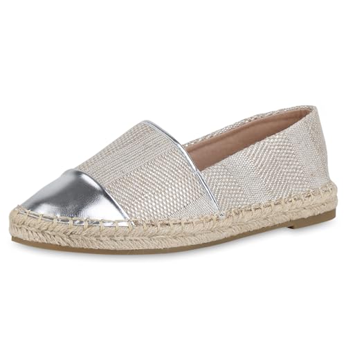 VAN HILL Damen Espadrilles Flach Bast Trendy Schuhe 215450 Silber 37 von VAN HILL