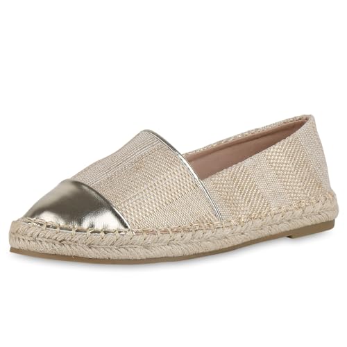 VAN HILL Damen Espadrilles Flach Bast Trendy Schuhe 215451 Gold 37 von VAN HILL