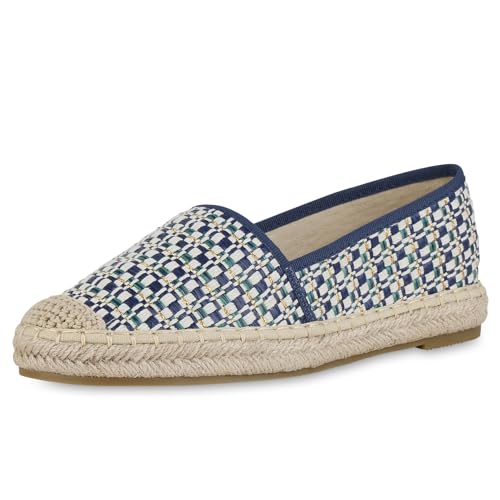 VAN HILL Damen Espadrilles Flach Bast Trendy Schuhe 215760 Blau 36 von VAN HILL
