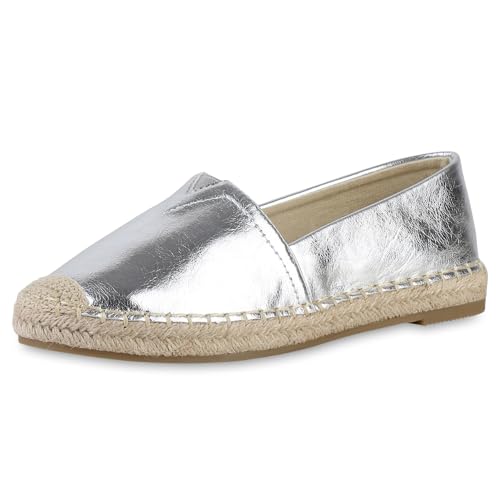 VAN HILL Damen Espadrilles Flach Metallic Trendy Schuhe 215174 Silber 36 von VAN HILL