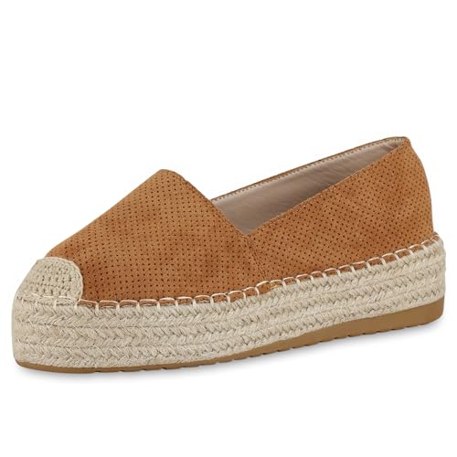 VAN HILL Damen Espadrilles Plateau Bast Trendy Schuhe 215311 Hellbraun 38 von VAN HILL