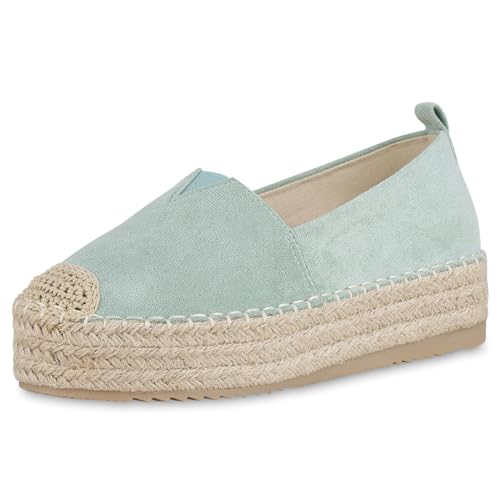 VAN HILL Damen Espadrilles Plateau Bast Trendy Schuhe 215556 Hellgrün 36 von VAN HILL