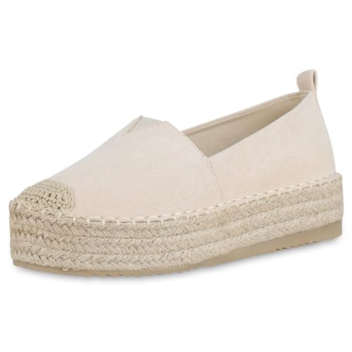 VAN HILL Damen Espadrilles Plateau Bast Trendy Schuhe 215558 Beige 37 von VAN HILL