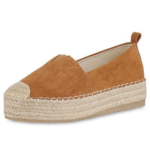 VAN HILL Damen Espadrilles Plateau Bast Trendy Schuhe 215563 Hellbraun 36 von VAN HILL