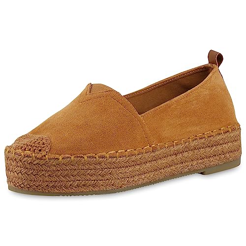 VAN HILL Damen Espadrilles Plateau Bast Trendy Schuhe 840475 212899 Hellbraun 37 von VAN HILL