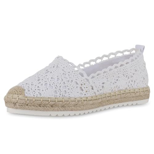 VAN HILL Damen Espadrilles Plateau Spitze Trendy Schuhe 215919 Weiss 41 von VAN HILL