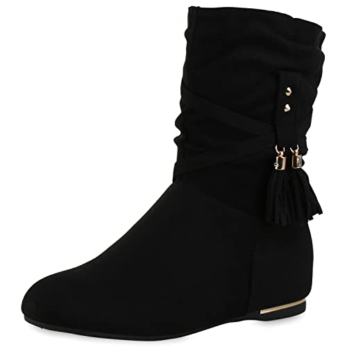 VAN HILL Damen Gefütterte Keilstiefeletten Stiefeletten Keilabsatz Schuhe Nieten Herbstschuhe Quasten Freizeit Winterschuhe 208860 Schwarz 36 von VAN HILL