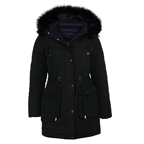 VAN HILL Damen Gefütterte Winterjacken Seitentaschen Kunstfell Kapuze Damenjacke Taillierte Innentaschen Jacke 200971 Schwarz 36 von VAN HILL