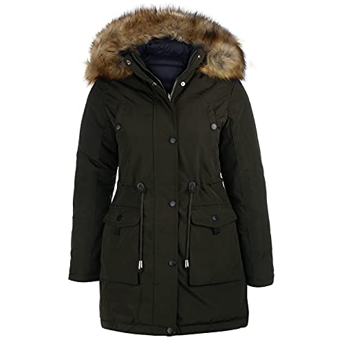 VAN HILL Damen Gefütterte Winterjacken Seitentaschen Kunstfell Kapuze Damenjacke Taillierte Innentaschen Jacke 200974 Olivgrün 34 von VAN HILL