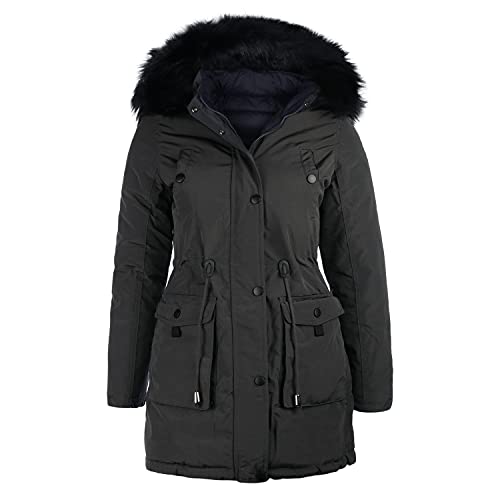 VAN HILL Damen Gefütterte Winterjacken Seitentaschen Kunstfell Kapuze Damenjacke Taillierte Innentaschen Jacke 200975 Grau 36 von VAN HILL