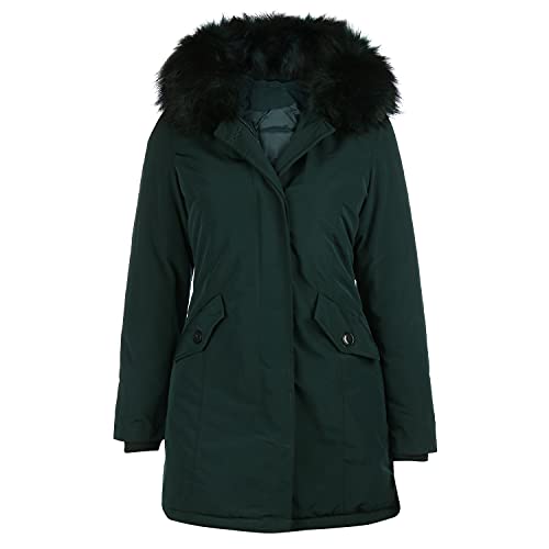 VAN HILL Damen Gefütterte Winterjacken Taillierte Kunstfell Kapuze Freizeitjacke Seitentaschen Jacke Innentaschen Damenjacke 200967 Dunkelgrün 38 M von VAN HILL